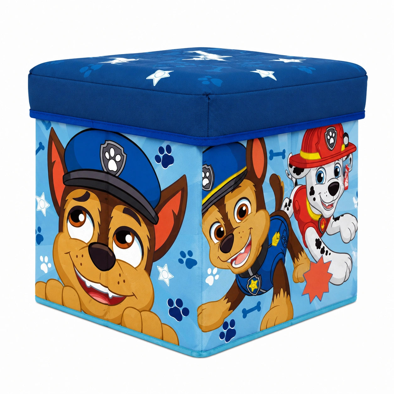 Paw Patrol Faltbarer Sitzhocker mit Stauraum, Blau, 30x30x30cm | Kinderzimmer-Deko mit Chase und Marcus