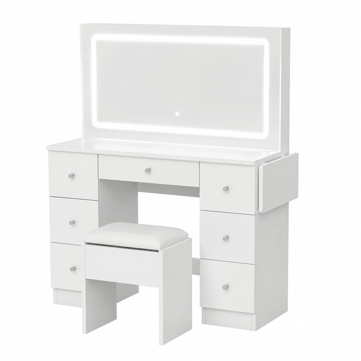 Schminktisch-Set mit Spiegel, Klapptisch, 7 Schubladen und Hocker, Dimmbar, Weiß
