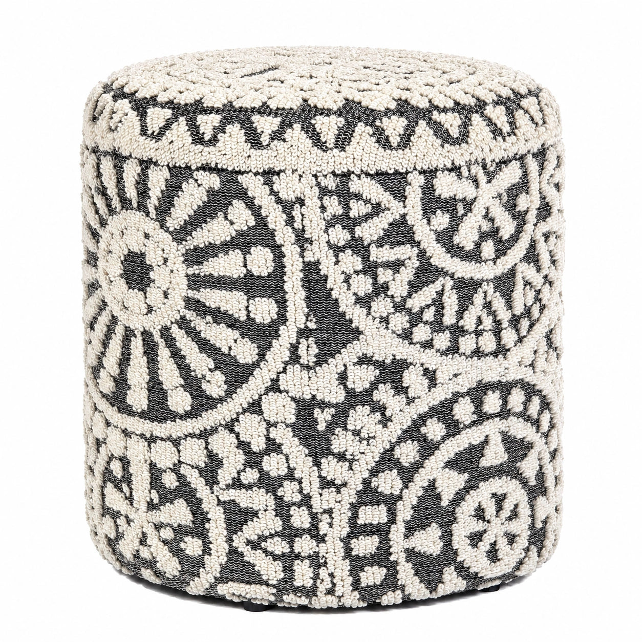 Boho Design Sitzhocker mit Stauraum, Grau-Creme, Wolle, Ø 40 x 45 cm
